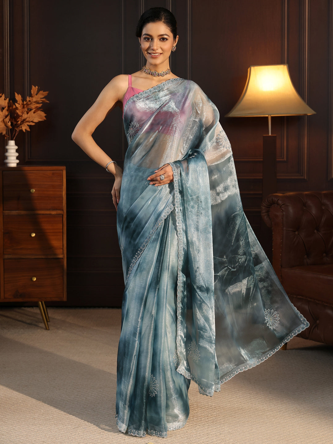  Libas Aqua Blue Stone Work Embellished Tissue Saree 