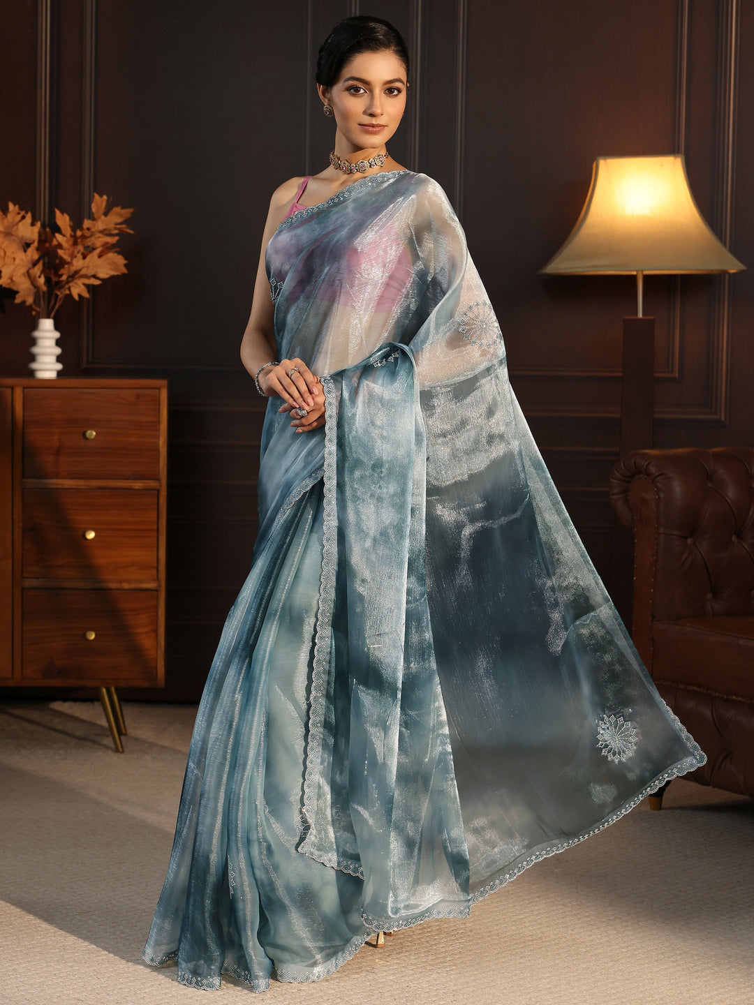  Libas Aqua Blue Stone Work Embellished Tissue Saree 