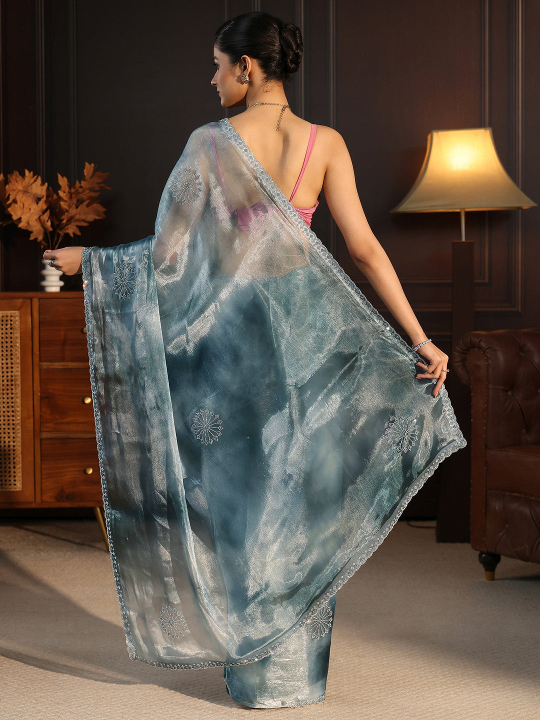  Libas Aqua Blue Stone Work Embellished Tissue Saree 