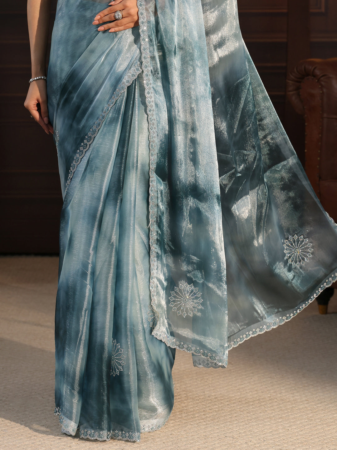  Libas Aqua Blue Stone Work Embellished Tissue Saree 