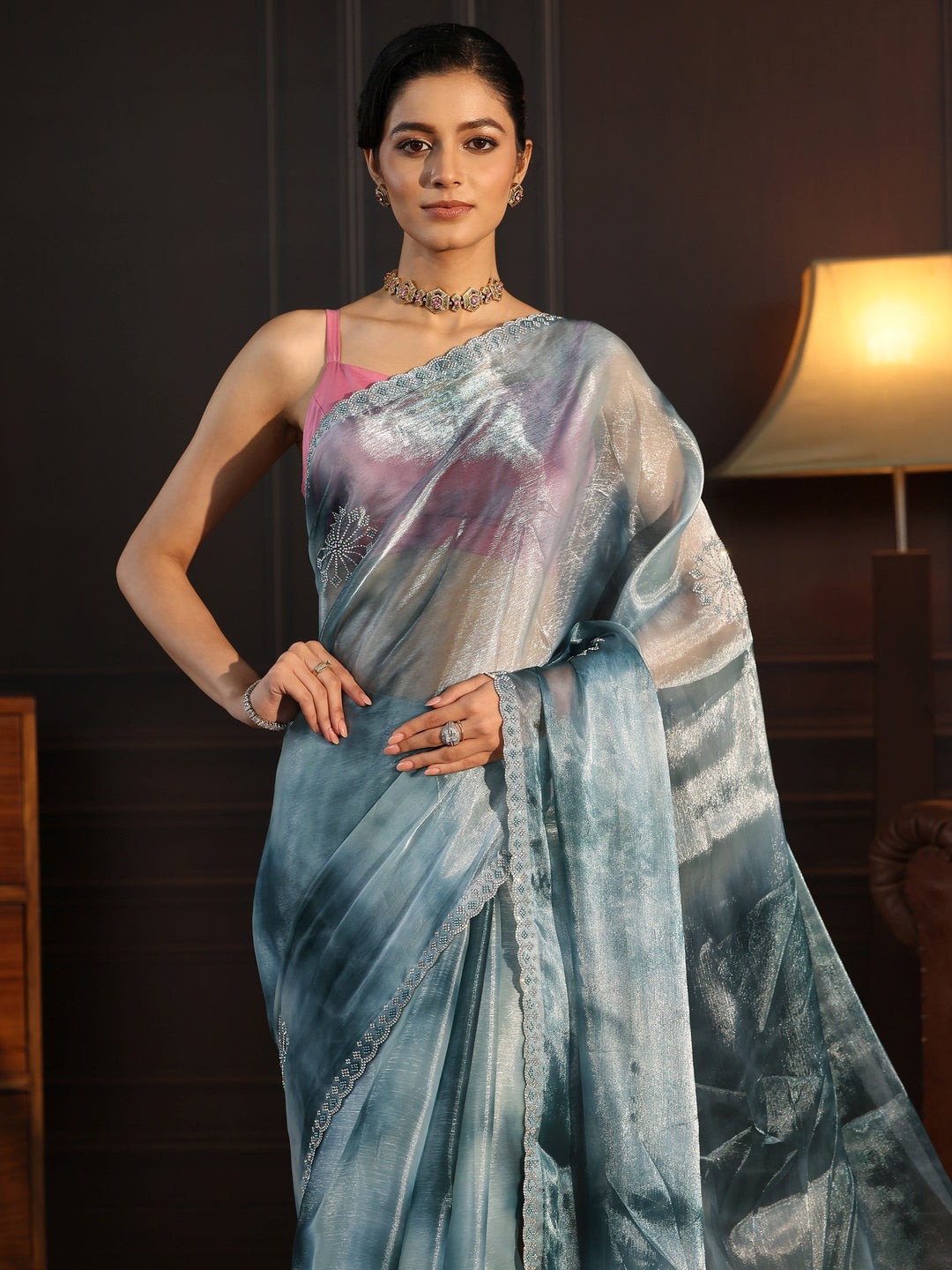  Libas Aqua Blue Stone Work Embellished Tissue Saree 