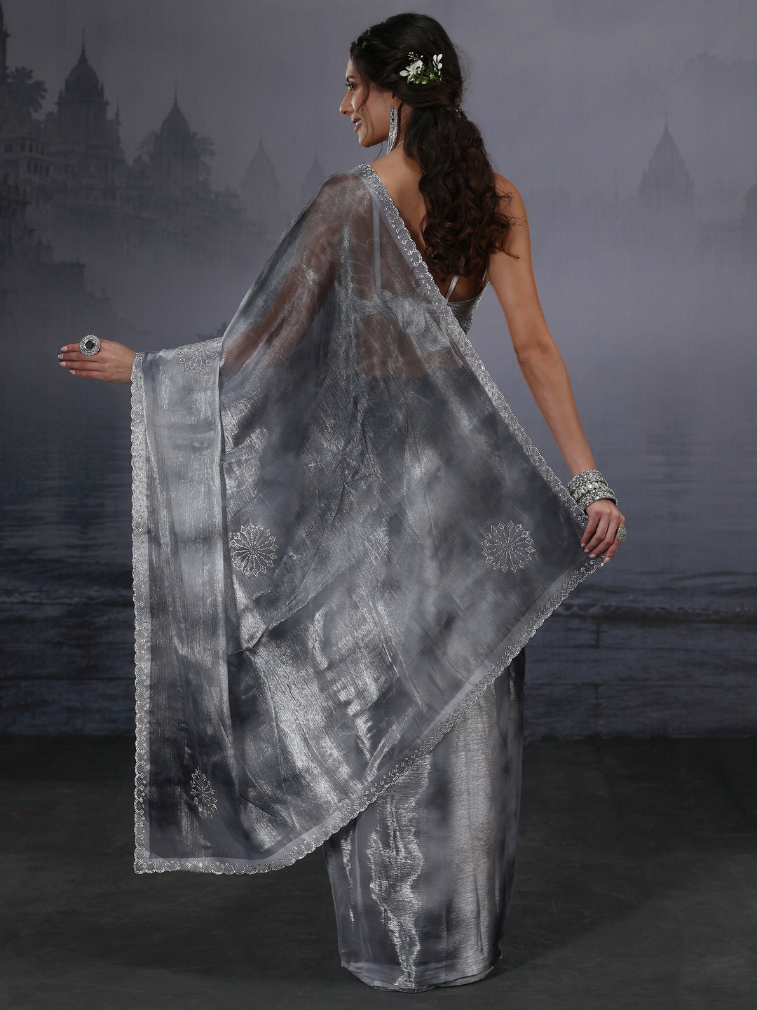  Libas Grey Stone Work Embellished Tissue Saree 