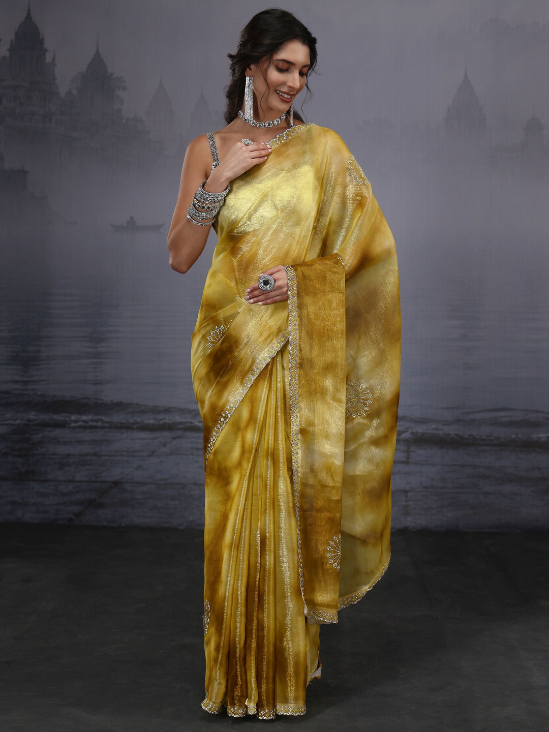  Libas Mustard Stone Work Embellished Tissue Saree 