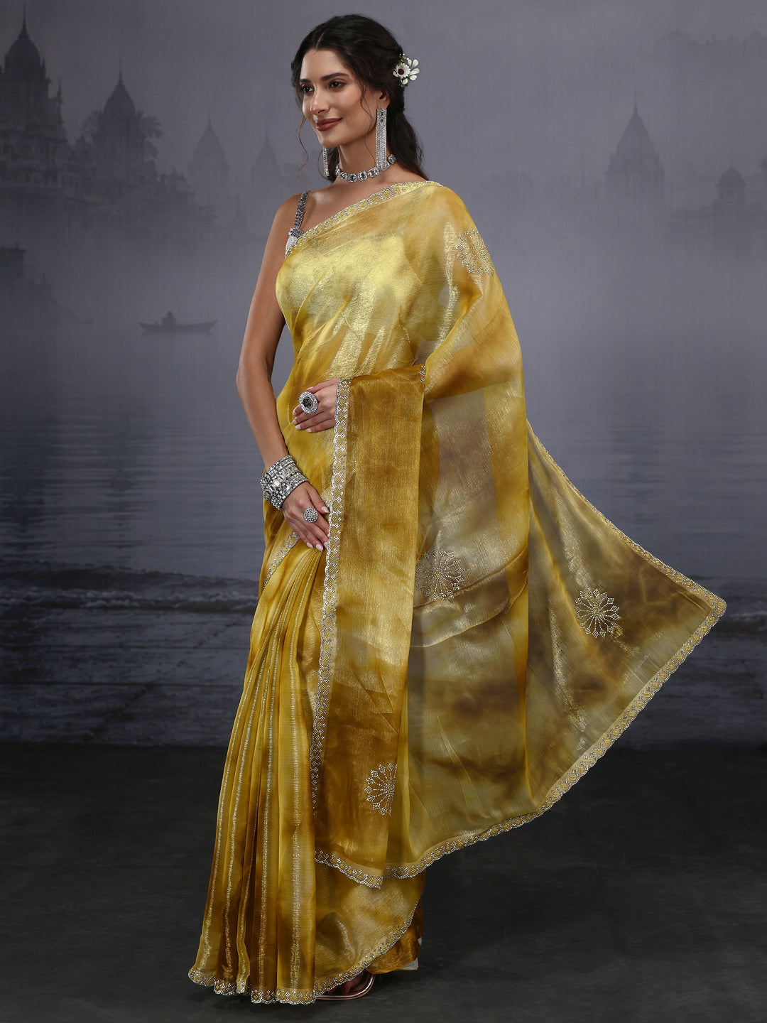  Libas Mustard Stone Work Embellished Tissue Saree 