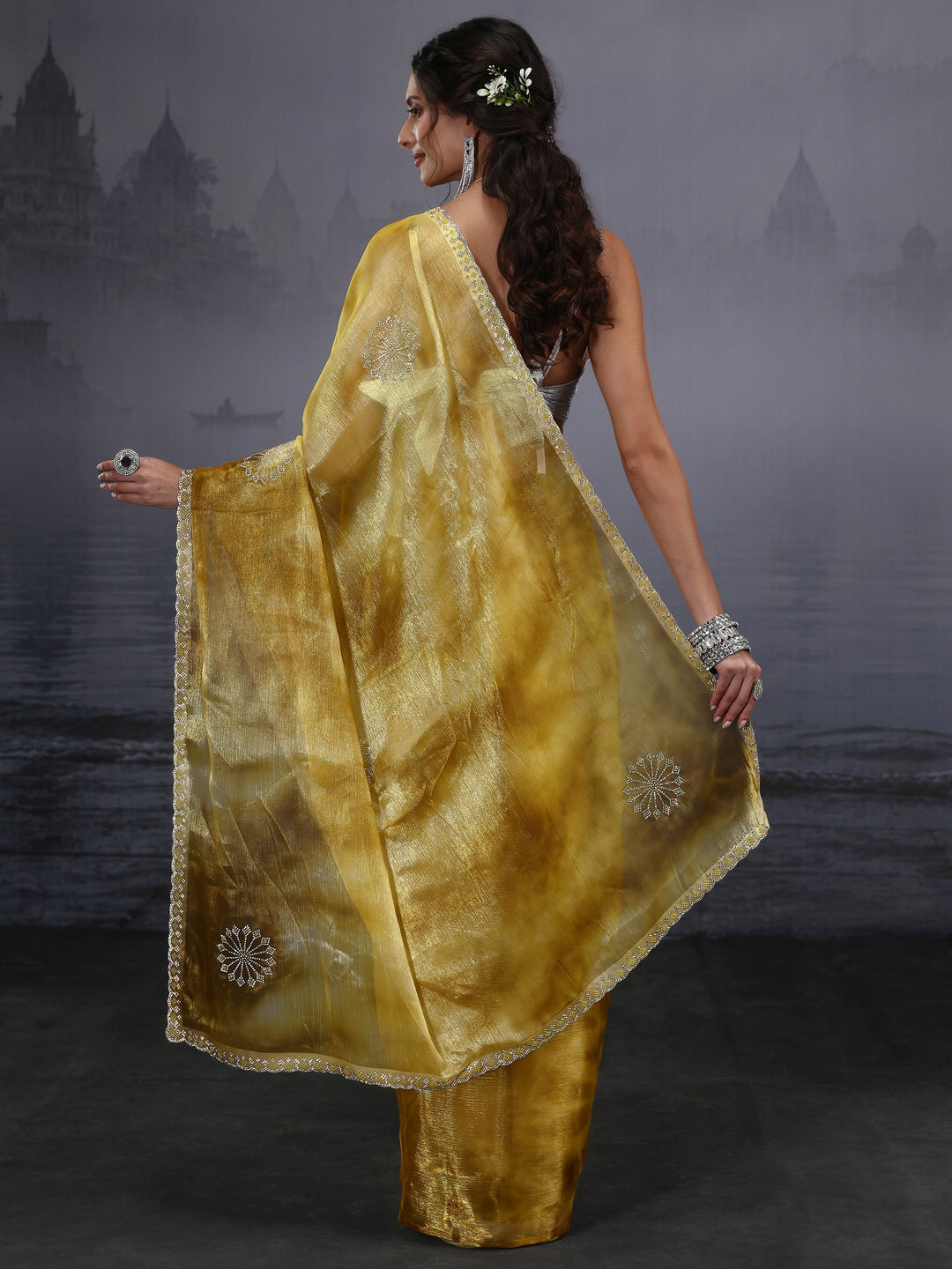  Libas Mustard Stone Work Embellished Tissue Saree 