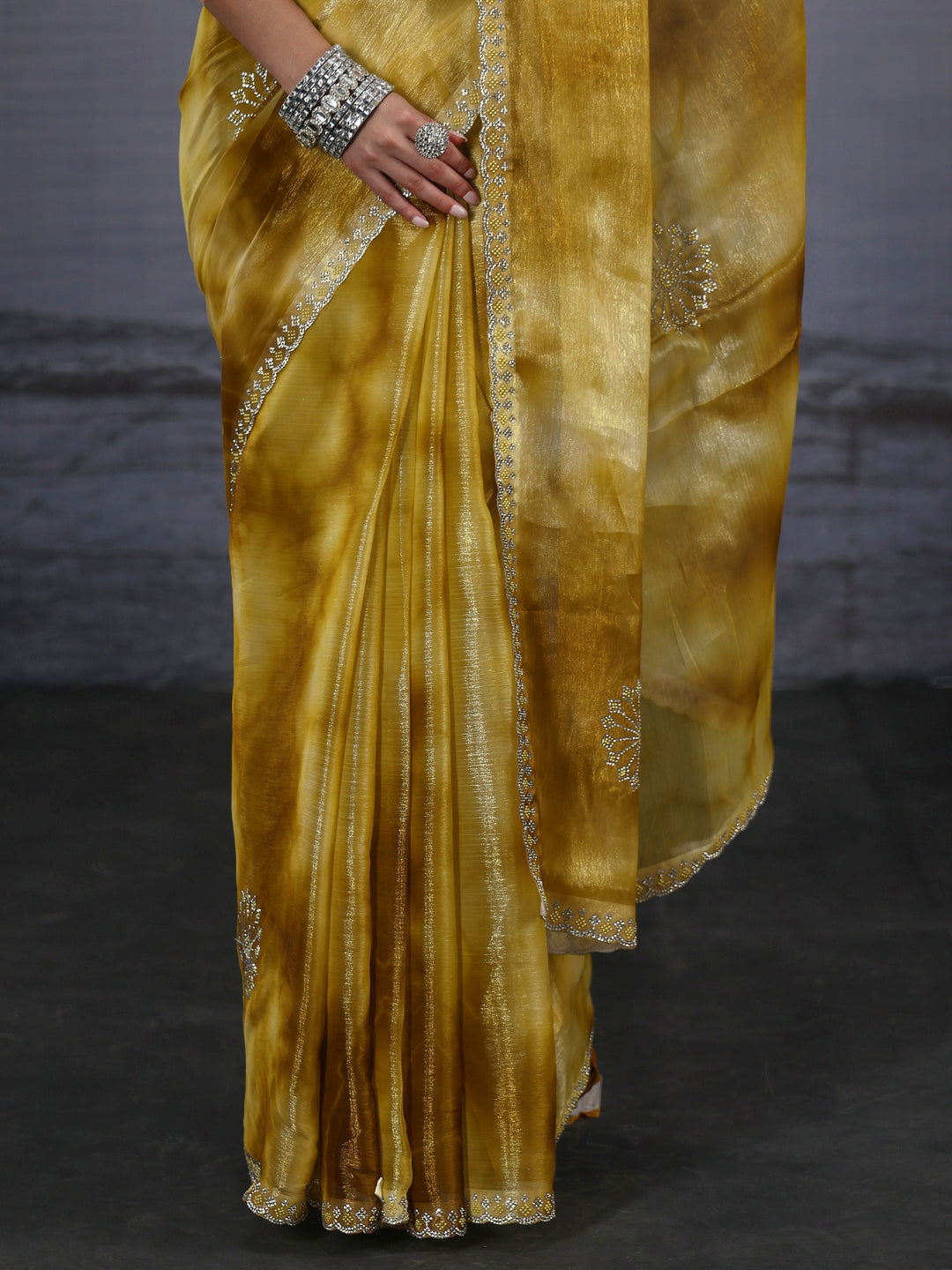  Libas Mustard Stone Work Embellished Tissue Saree 