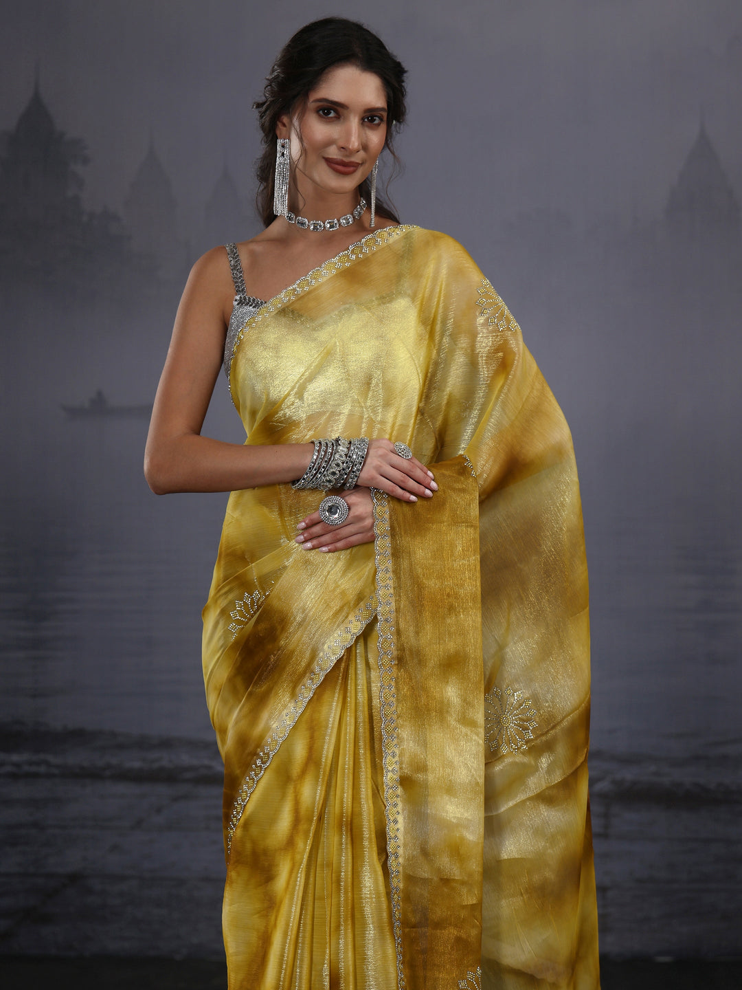  Libas Mustard Stone Work Embellished Tissue Saree 