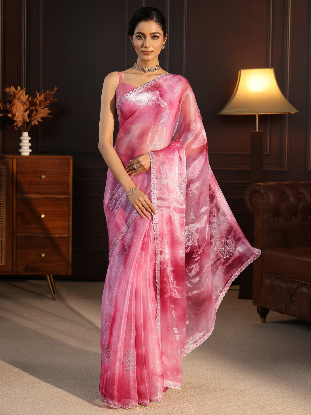  Libas Pink Stone Work Embellished Tissue Saree 