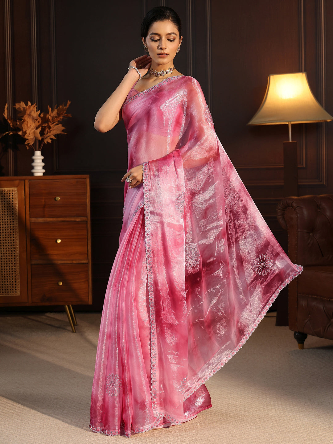  Libas Pink Stone Work Embellished Tissue Saree 