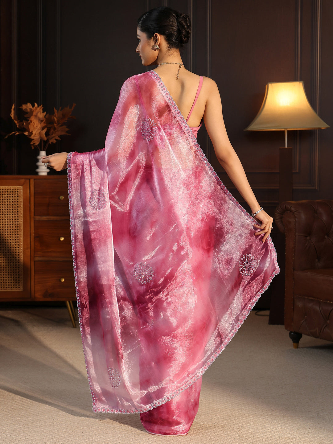  Libas Pink Stone Work Embellished Tissue Saree 