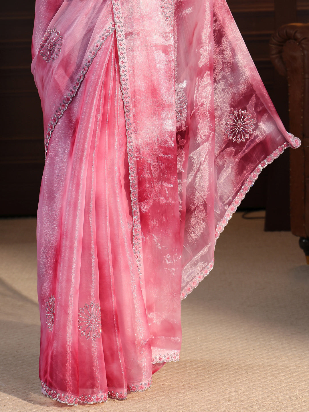  Libas Pink Stone Work Embellished Tissue Saree 