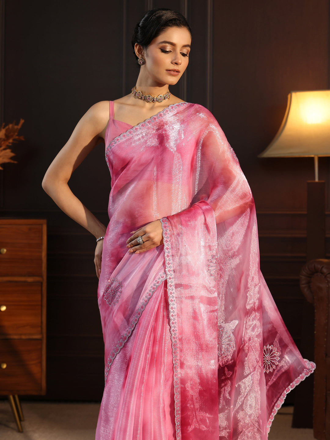  Libas Pink Stone Work Embellished Tissue Saree 