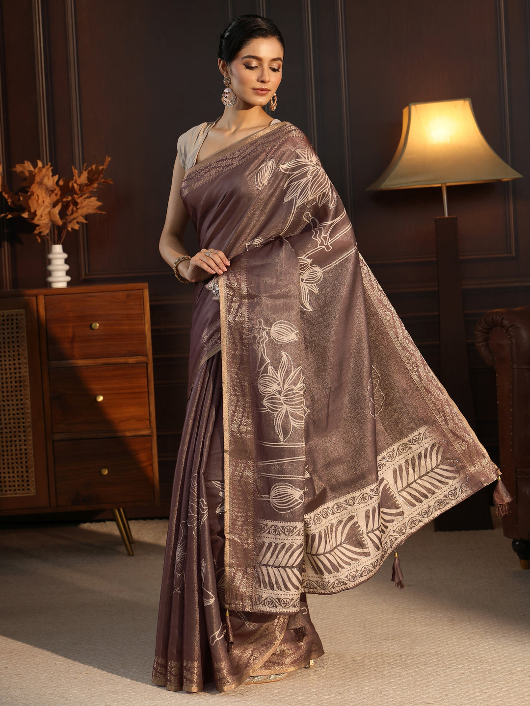  Libas Brown Floral Printed Embellished Silk Blend Saree 