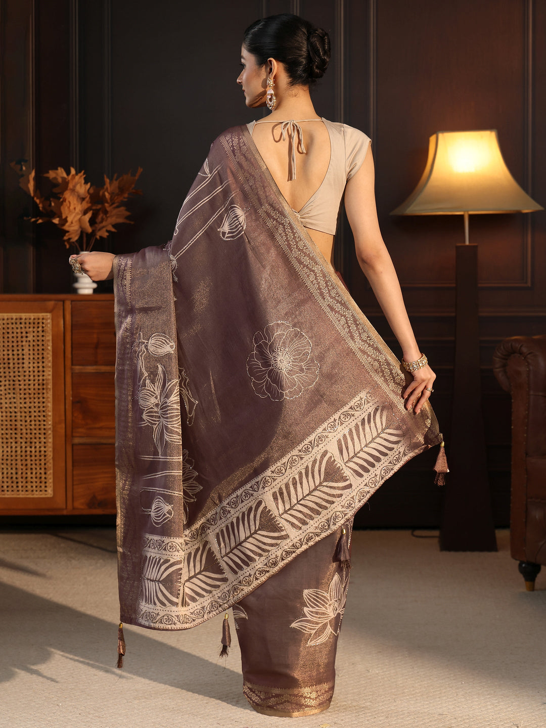  Libas Brown Floral Printed Embellished Silk Blend Saree 
