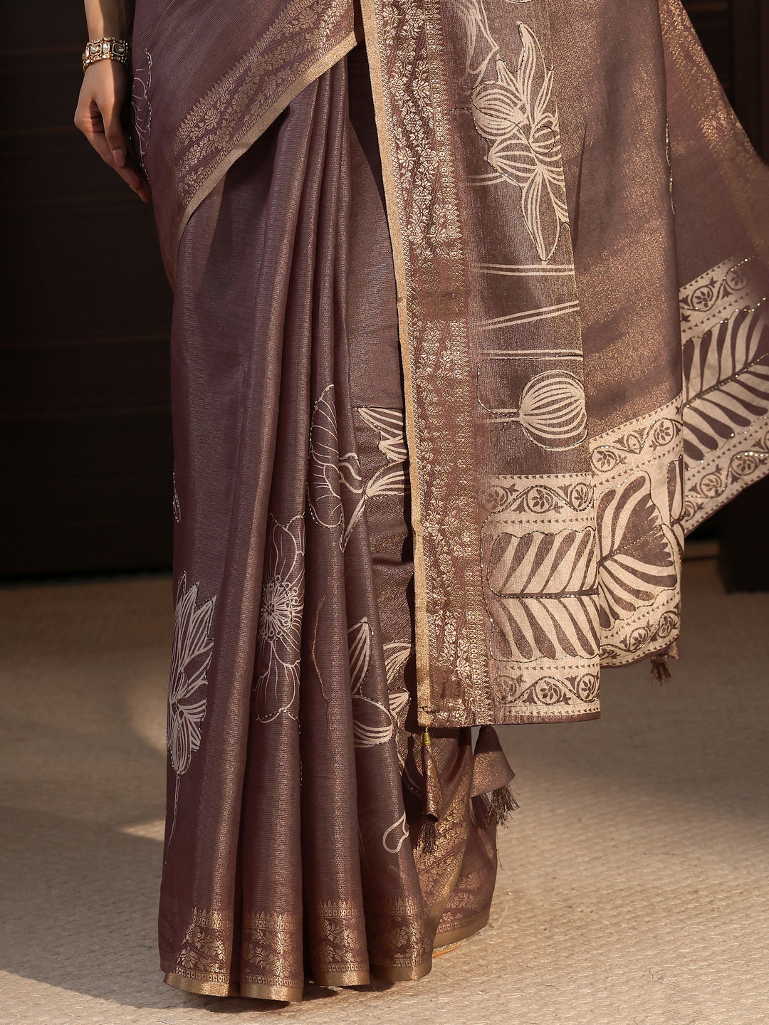  Libas Brown Floral Printed Embellished Silk Blend Saree 