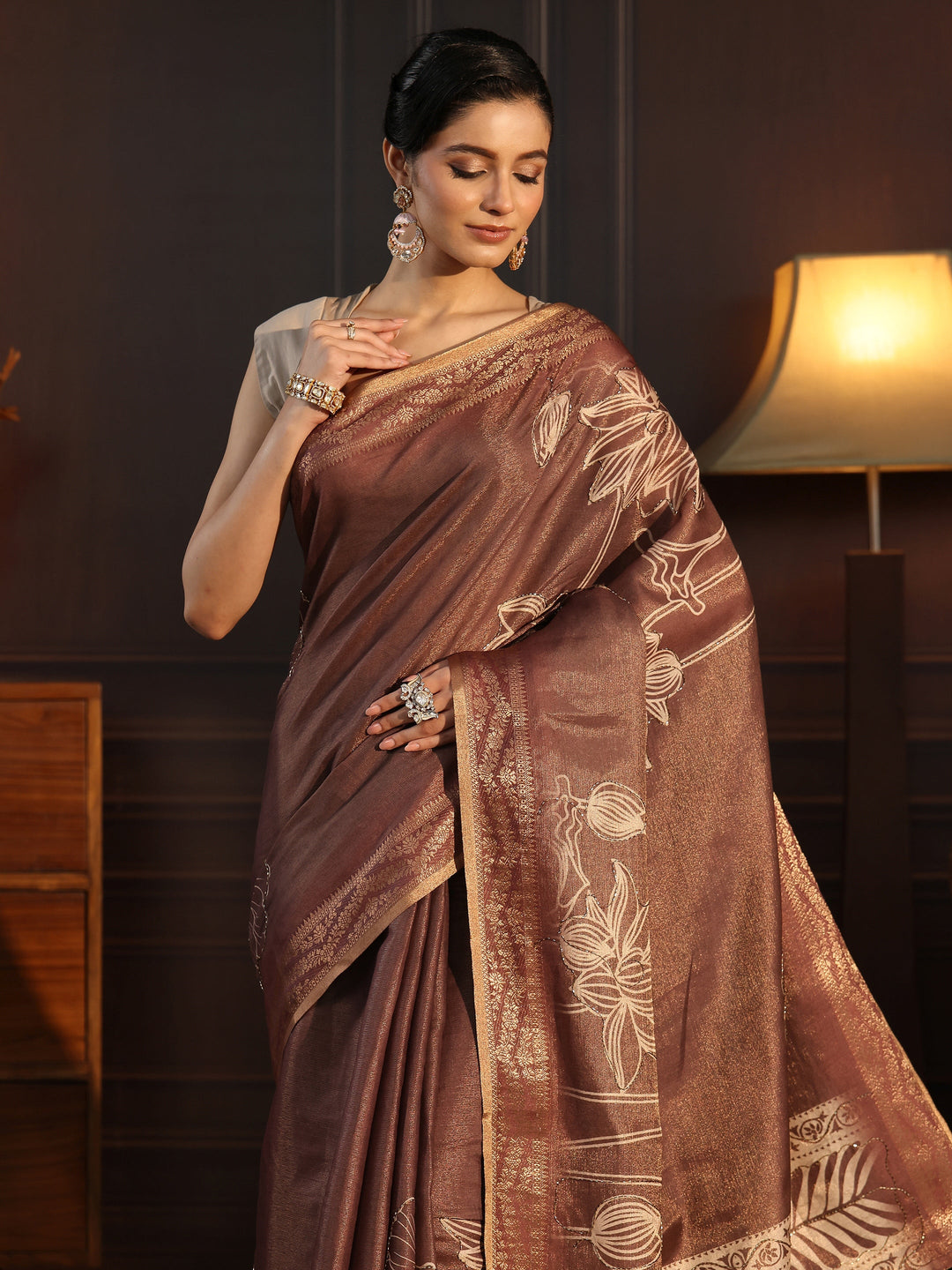  Libas Brown Floral Printed Embellished Silk Blend Saree 