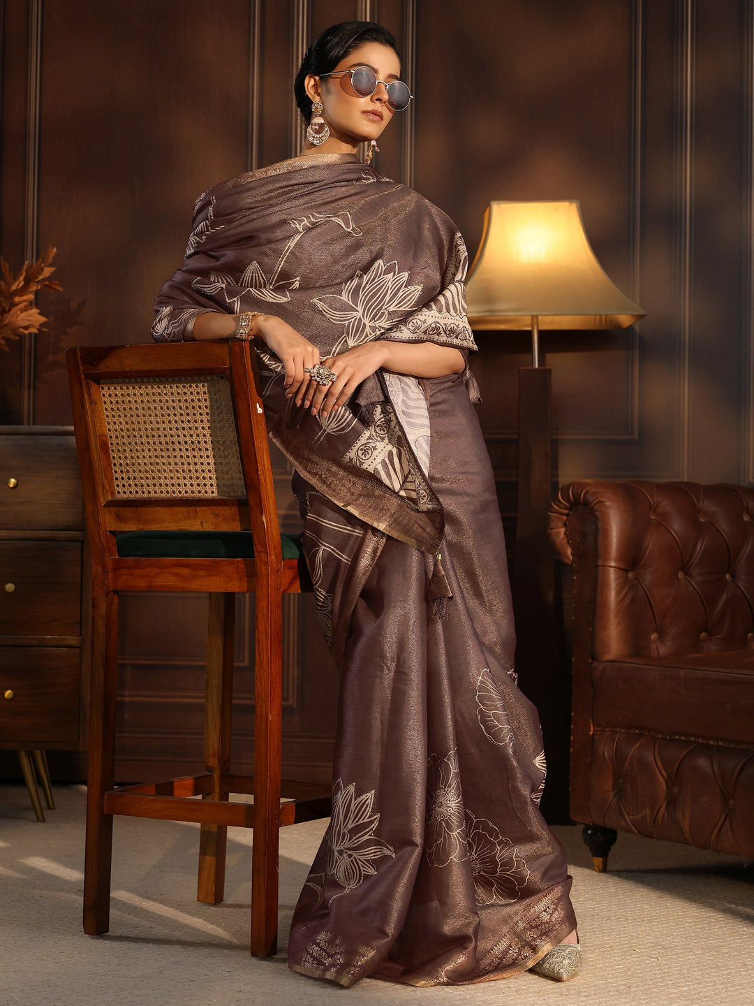  Libas Brown Floral Printed Embellished Silk Blend Saree 