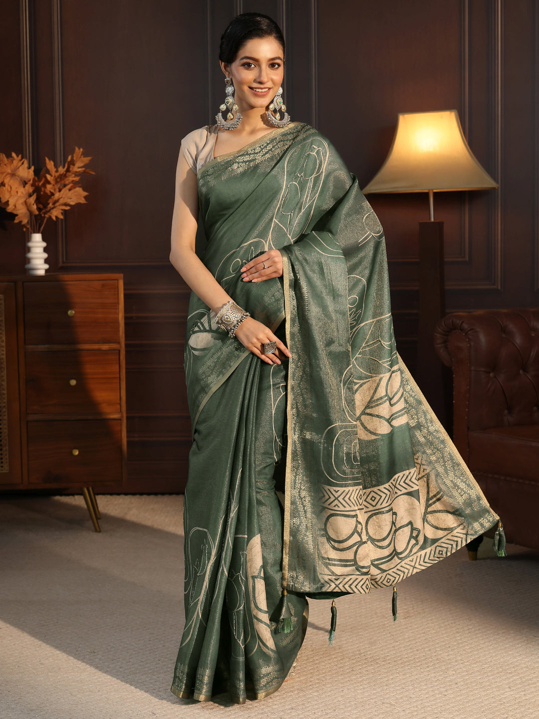  Libas Dusty Green Floral Printed Embellished Silk Blend Saree 