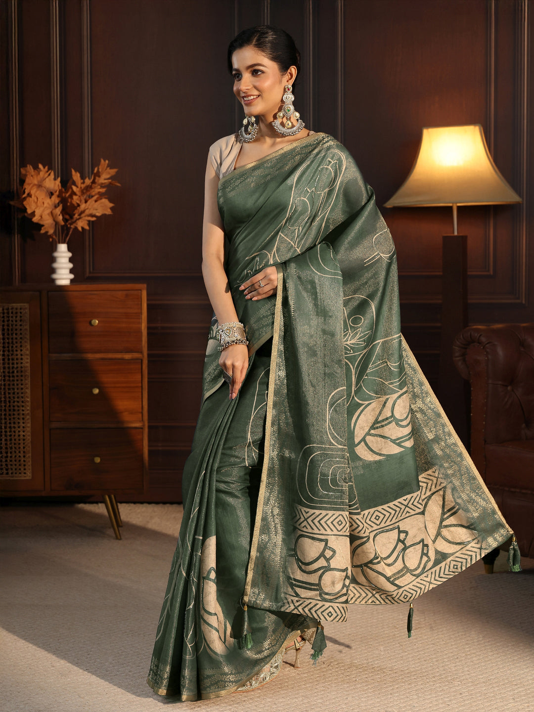  Libas Dusty Green Floral Printed Embellished Silk Blend Saree 