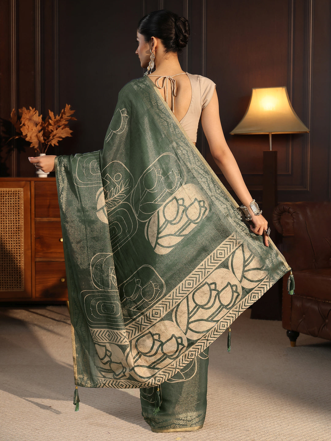  Libas Dusty Green Floral Printed Embellished Silk Blend Saree 