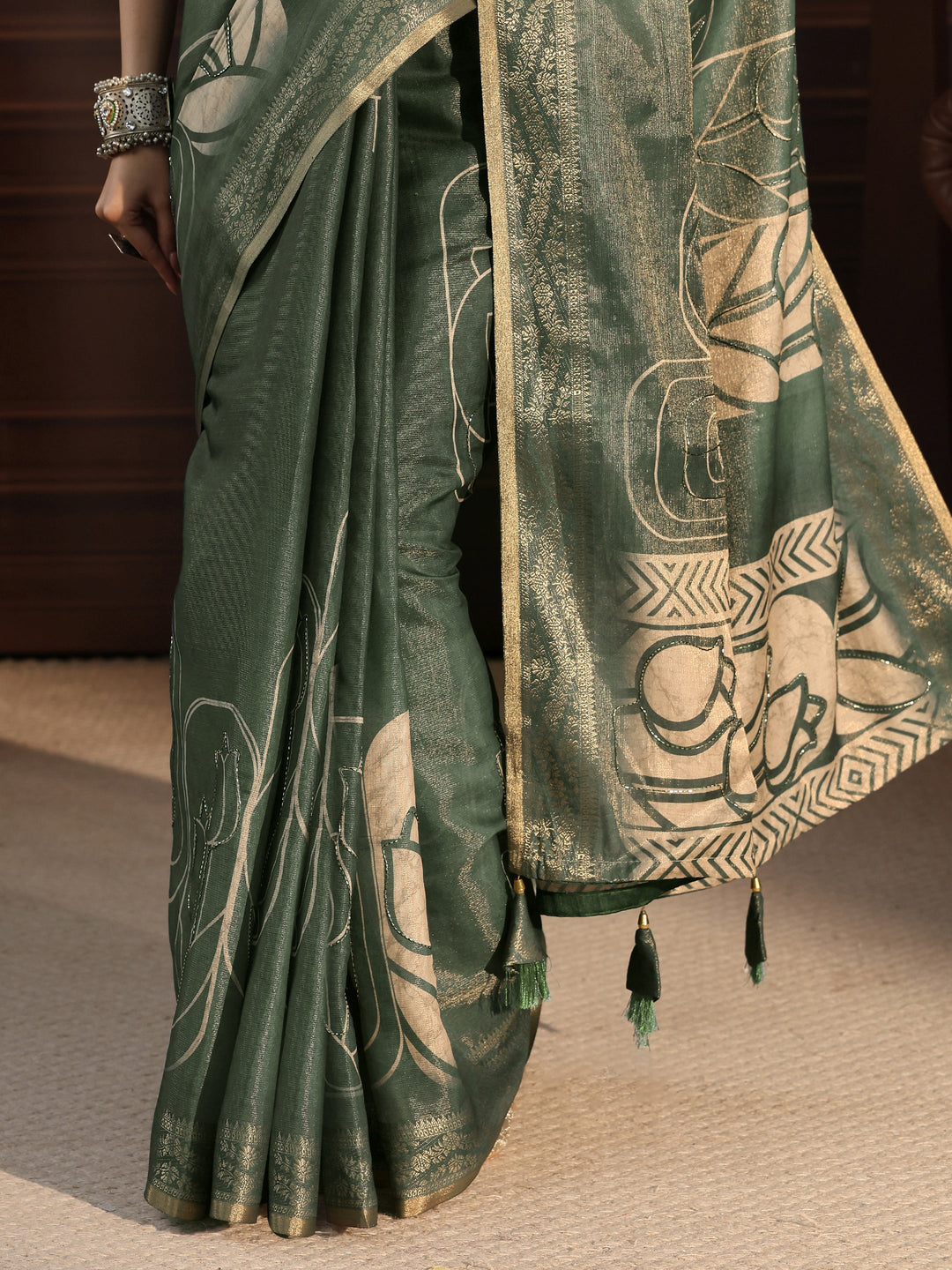  Libas Dusty Green Floral Printed Embellished Silk Blend Saree 