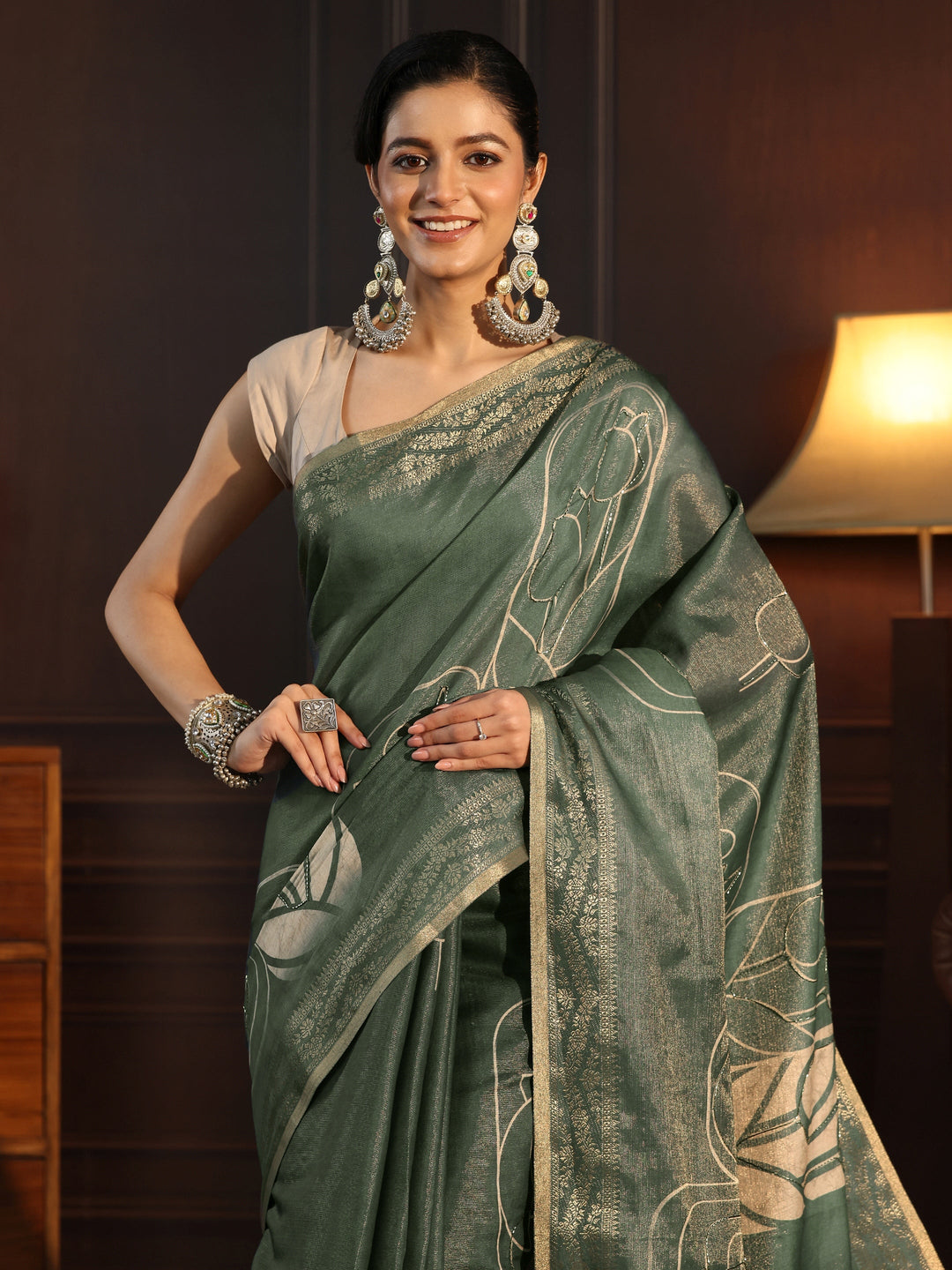  Libas Dusty Green Floral Printed Embellished Silk Blend Saree 