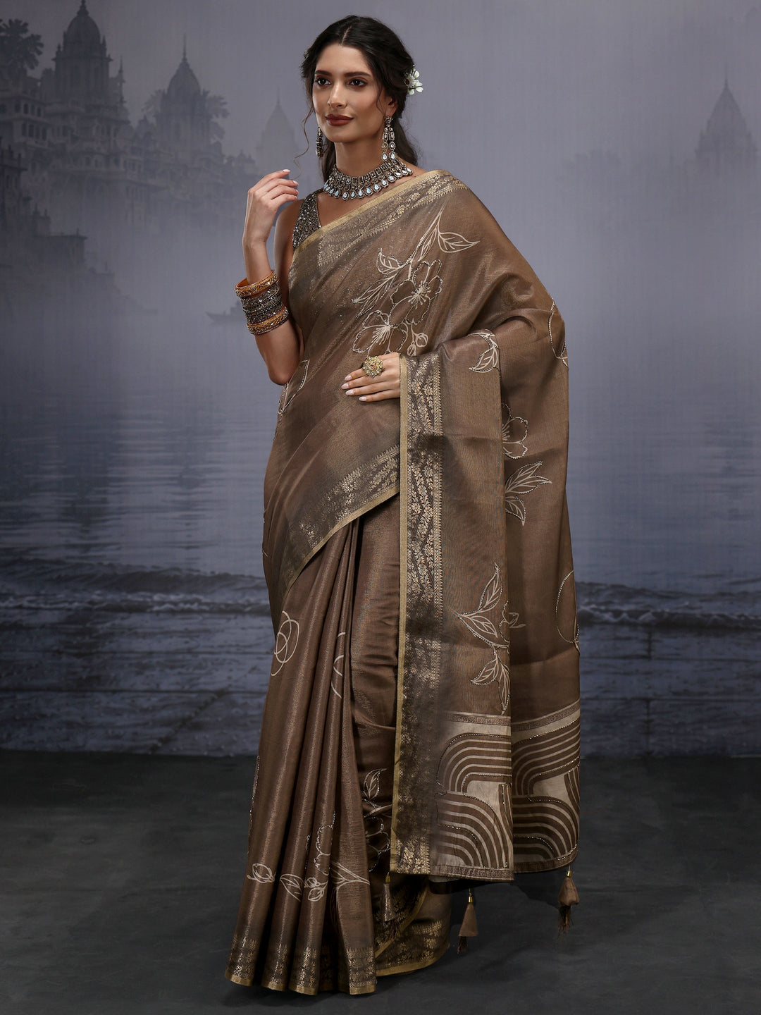  Libas Brown Woven Design Silk Blend Saree with Bead Work 