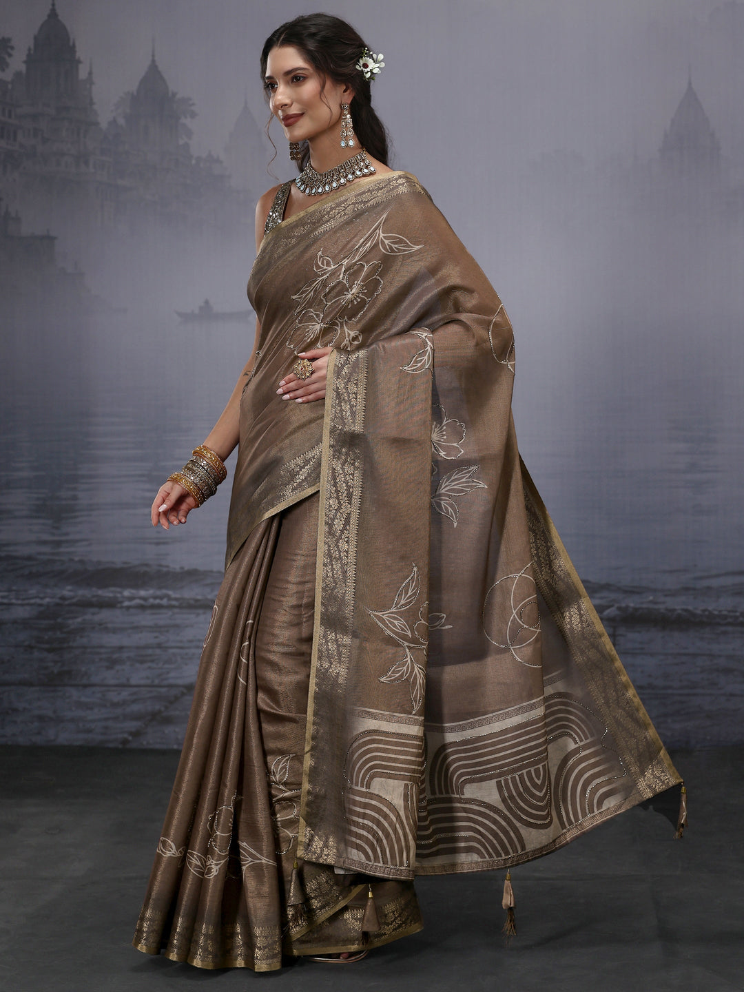  Libas Brown Woven Design Silk Blend Saree with Bead Work 