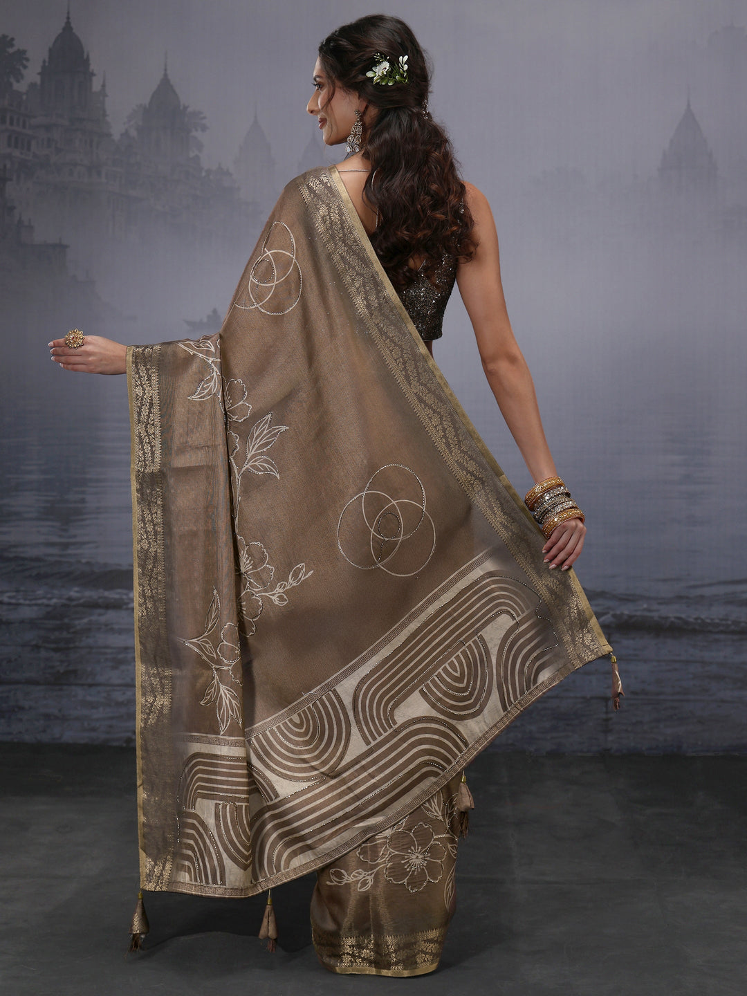  Libas Brown Woven Design Silk Blend Saree with Bead Work 