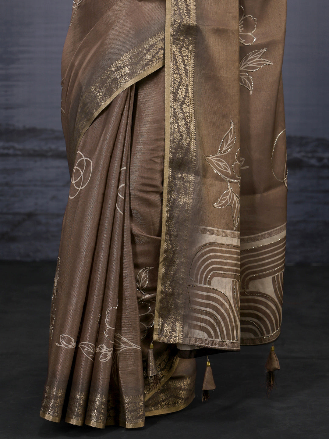  Libas Brown Woven Design Silk Blend Saree with Bead Work 