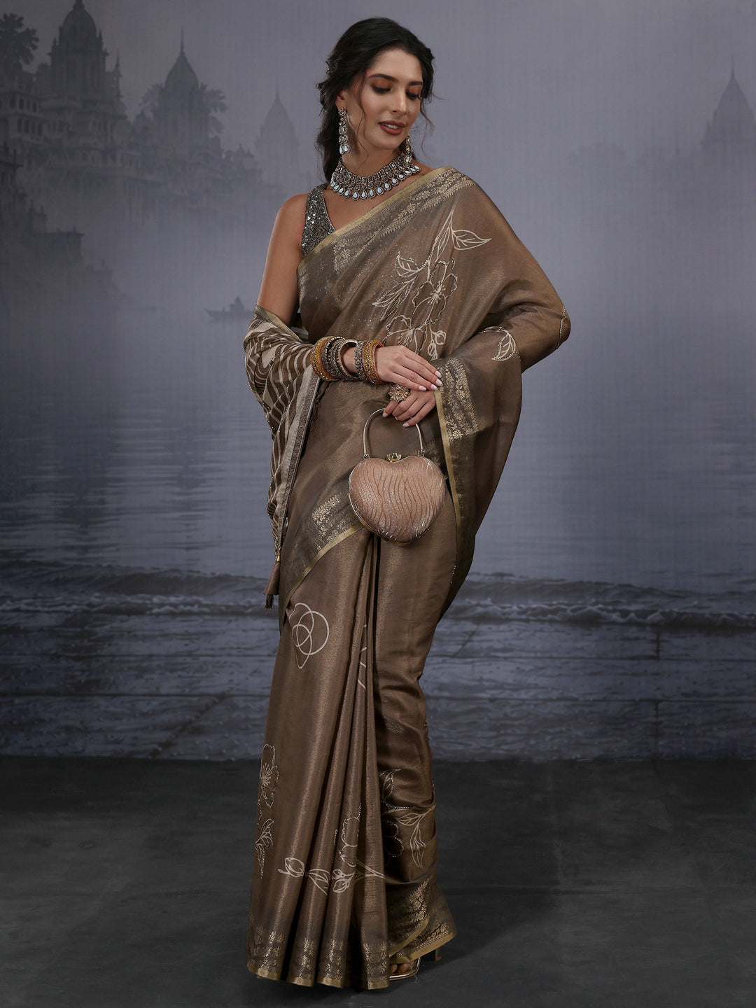  Libas Brown Woven Design Silk Blend Saree with Bead Work 
