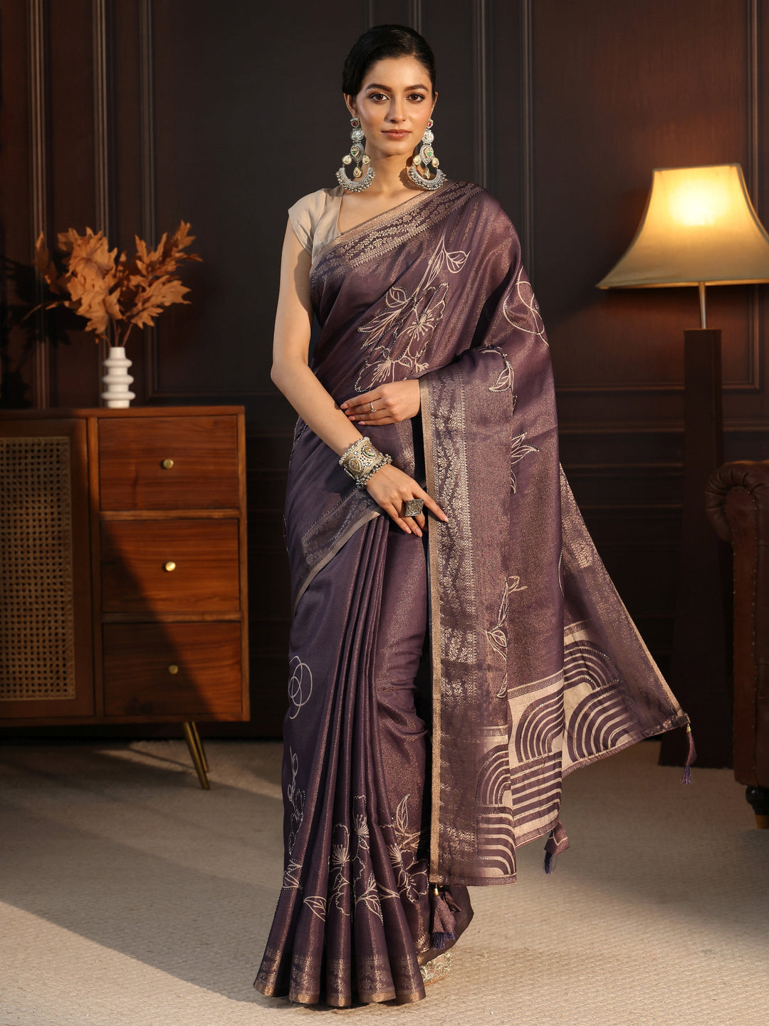  Libas Purple Floral Printed Embellished Silk Blend Saree 