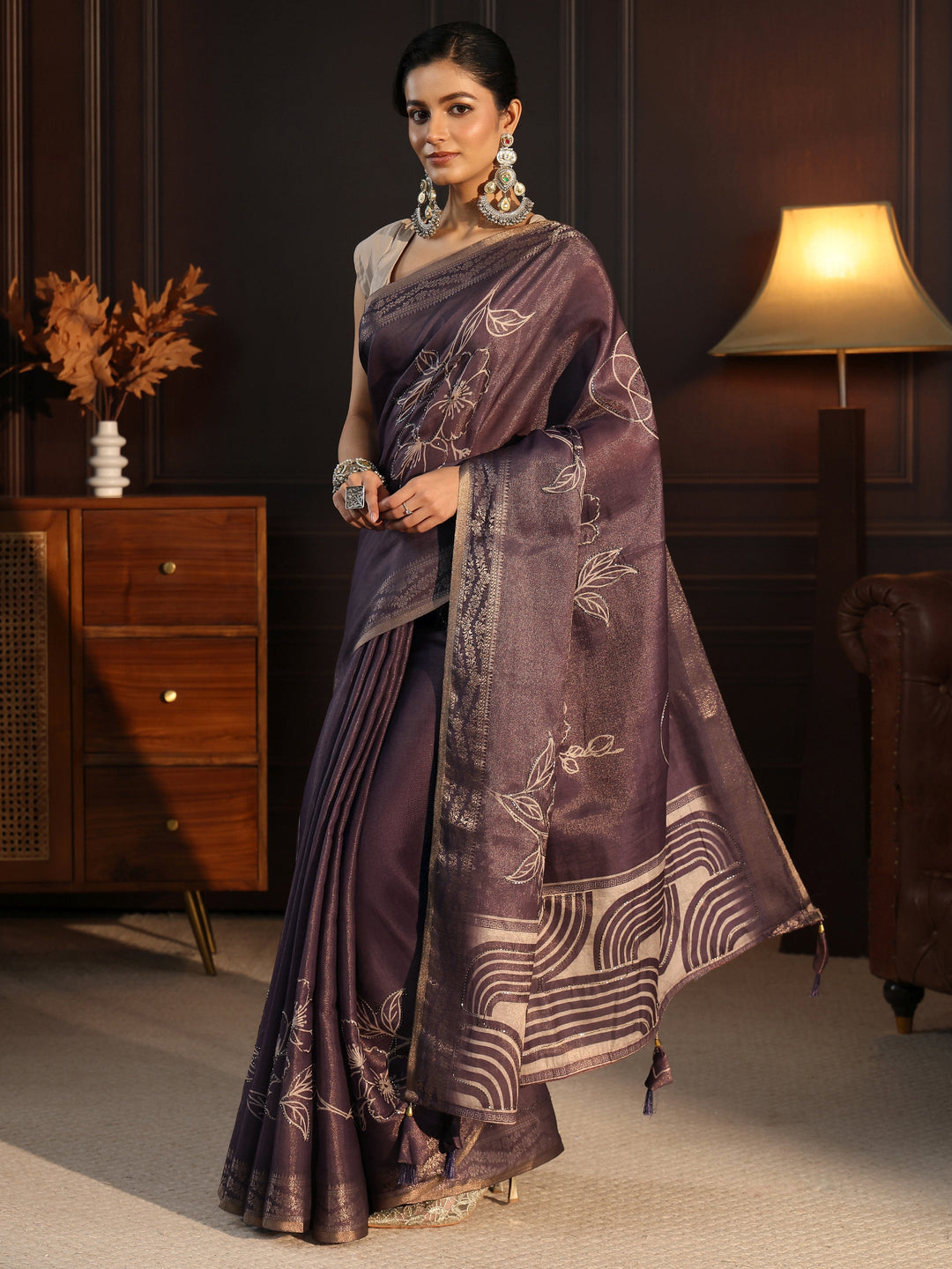  Libas Purple Floral Printed Embellished Silk Blend Saree 