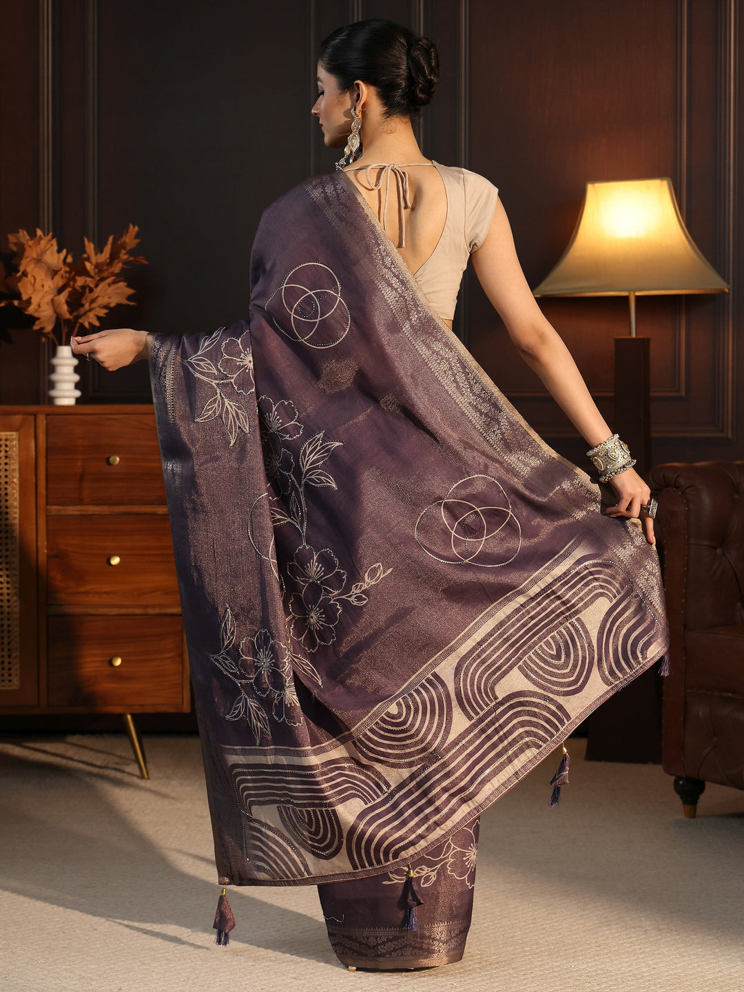  Libas Purple Floral Printed Embellished Silk Blend Saree 