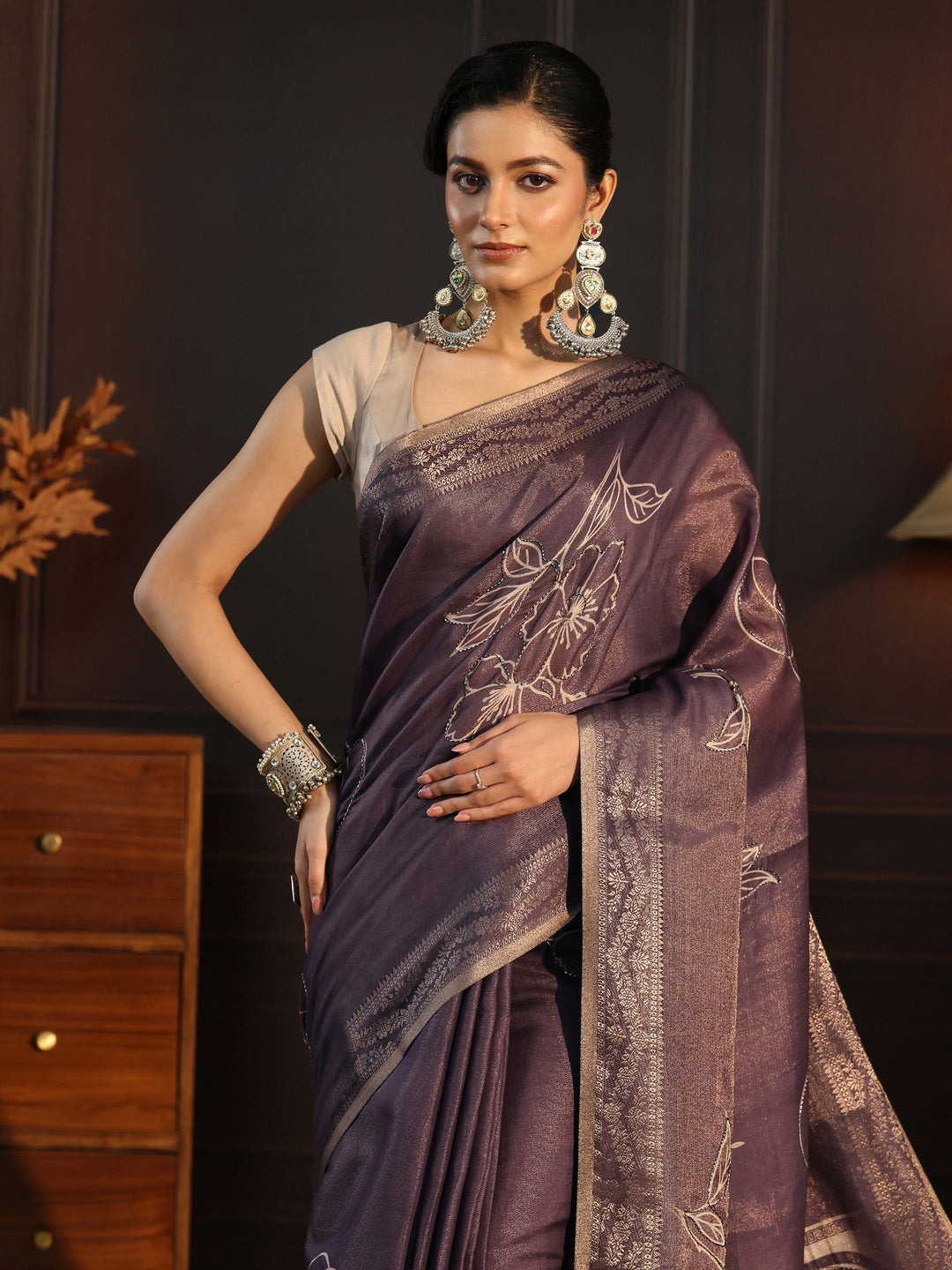  Libas Purple Floral Printed Embellished Silk Blend Saree 