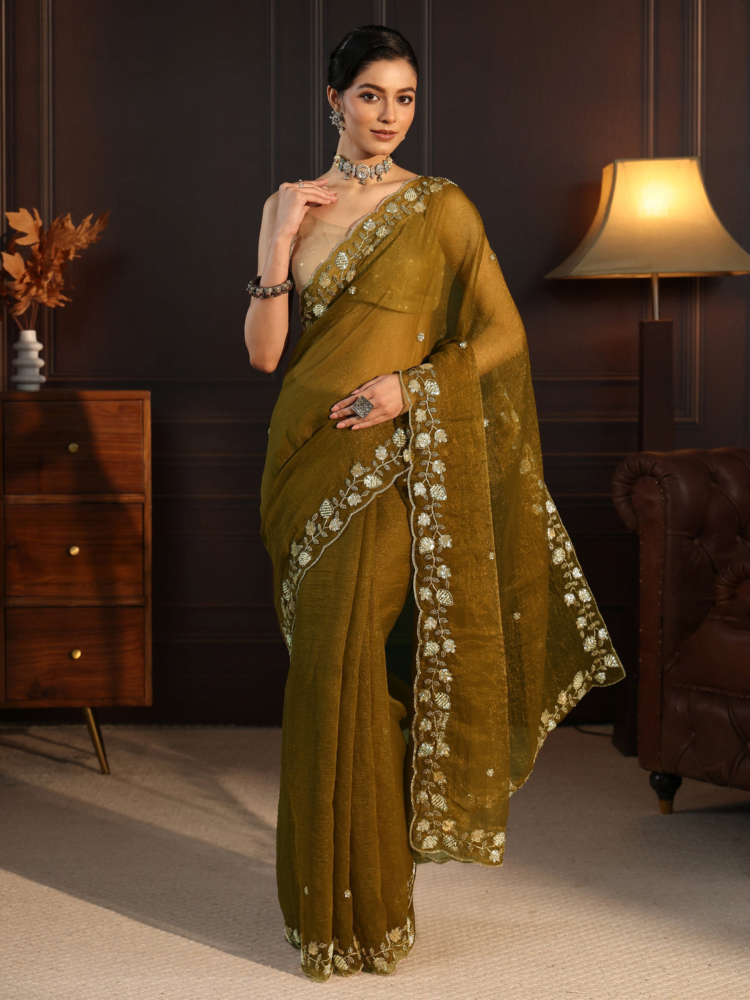  Libas Antique Gold Tissue Saree with Floral Embellished Border 