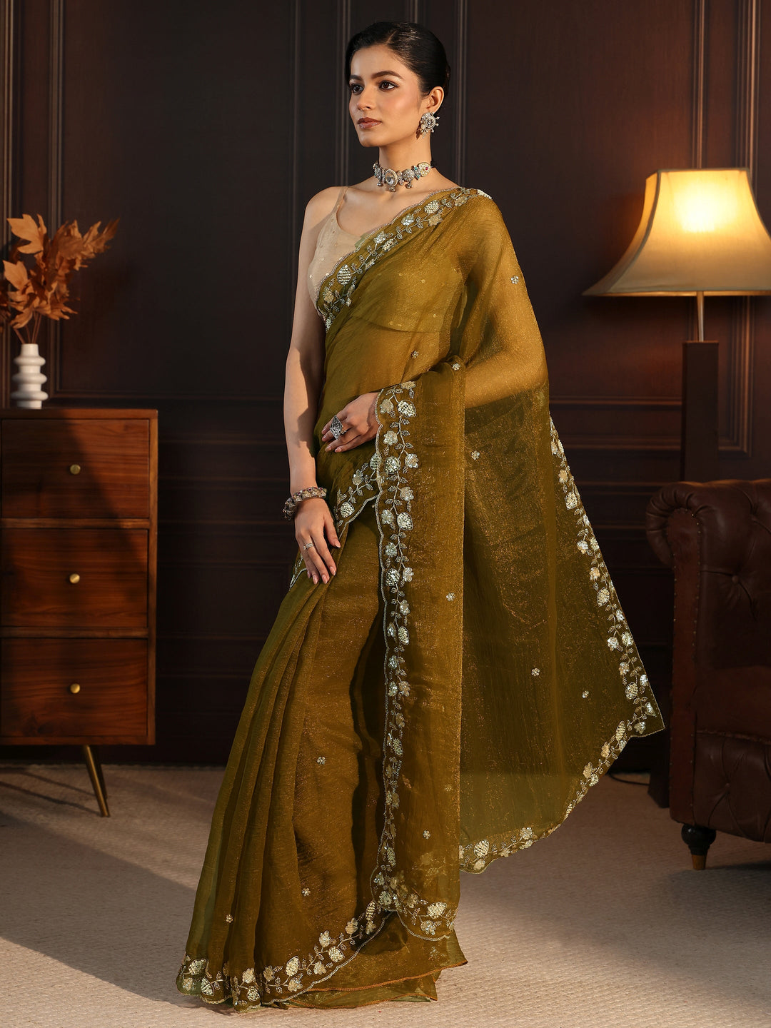  Libas Antique Gold Tissue Saree with Floral Embellished Border 