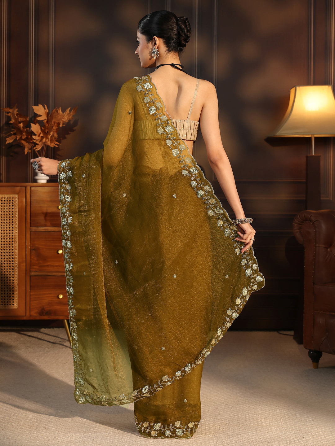  Libas Antique Gold Tissue Saree with Floral Embellished Border 