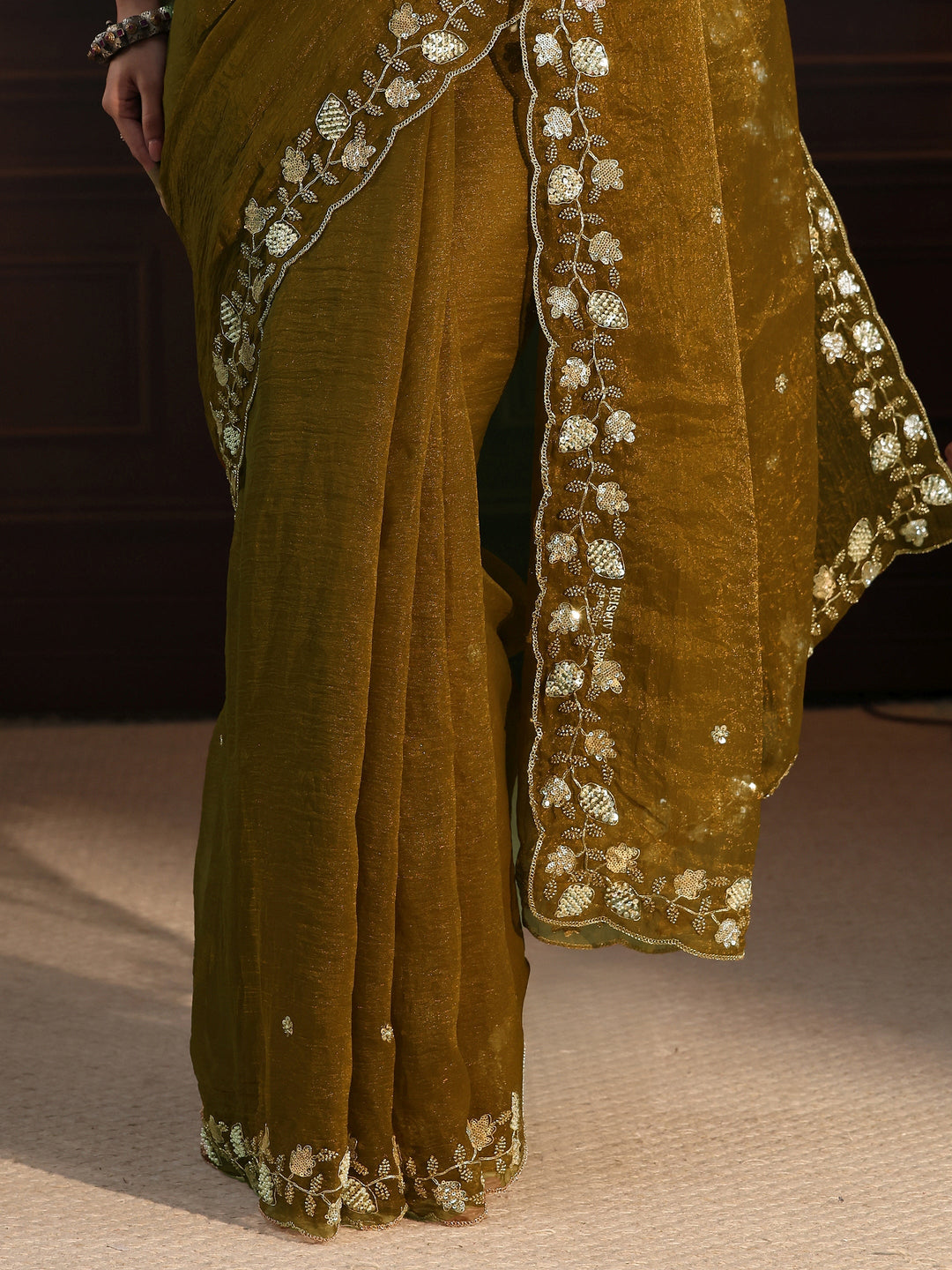  Libas Antique Gold Tissue Saree with Floral Embellished Border 
