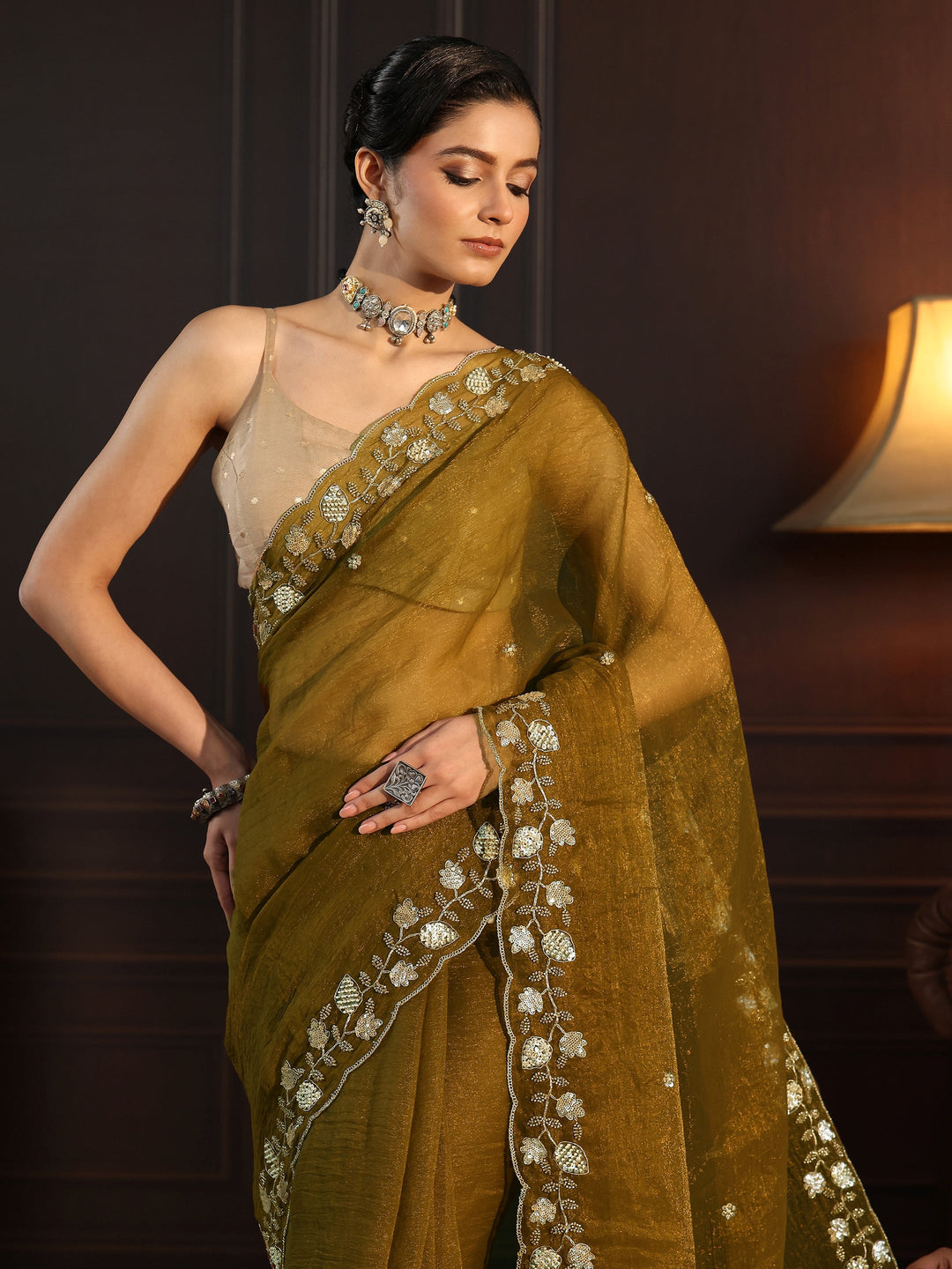  Libas Antique Gold Tissue Saree with Floral Embellished Border 