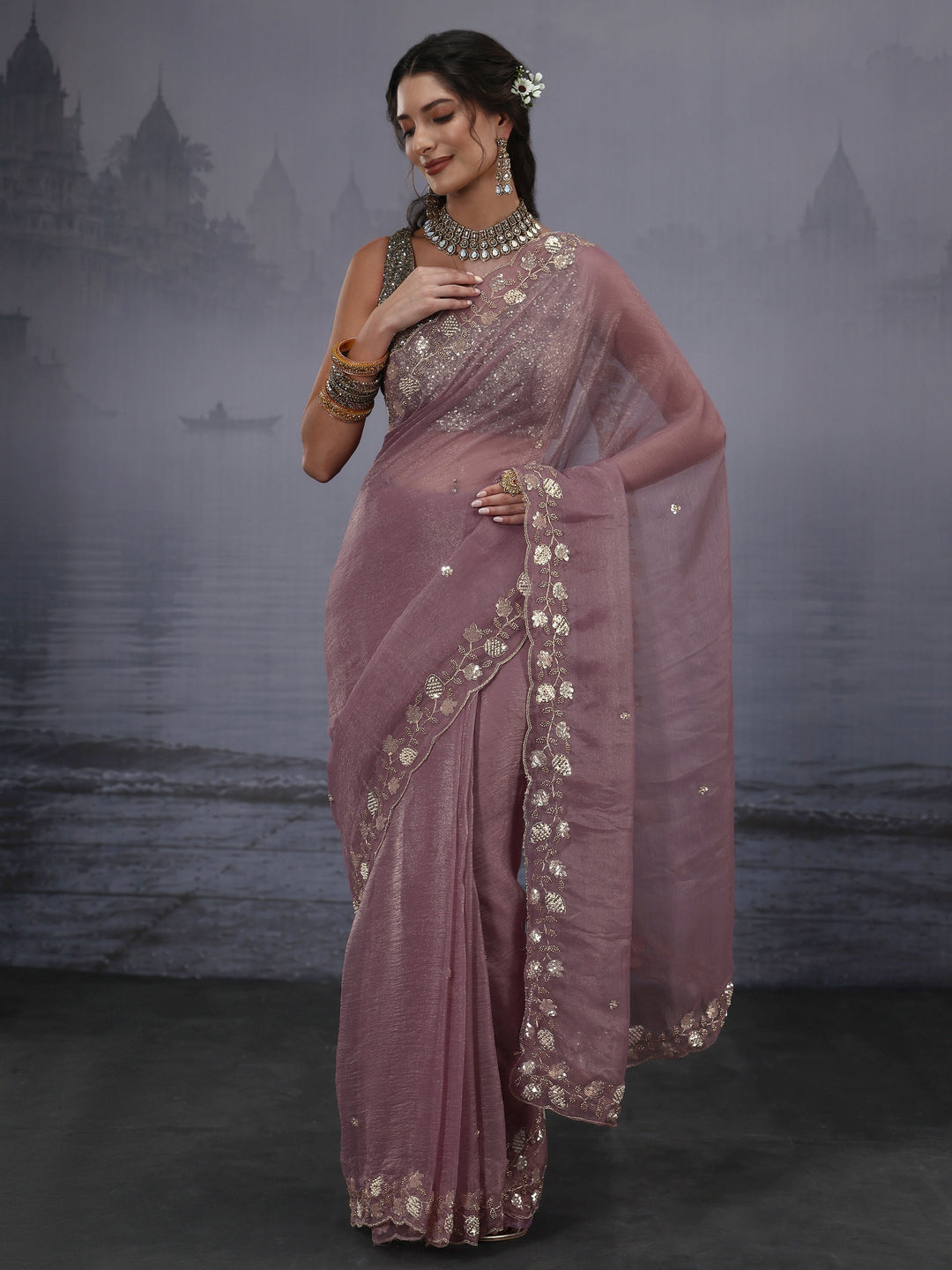  Libas Lavender Tissue Saree with Embellished Border 