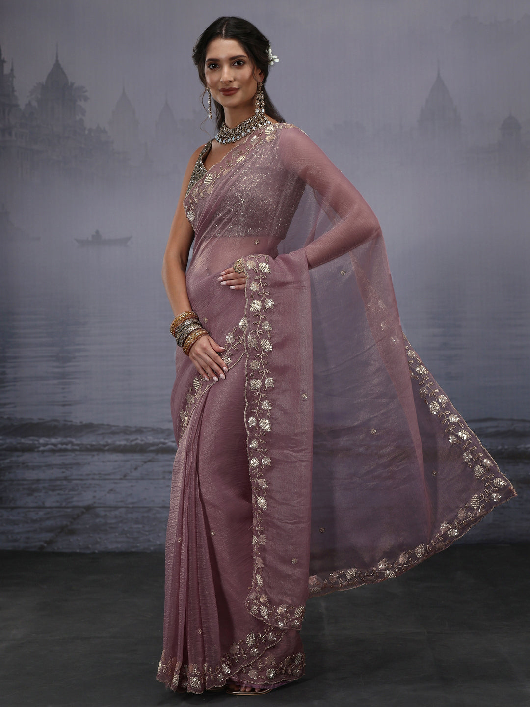  Libas Lavender Tissue Saree with Embellished Border 