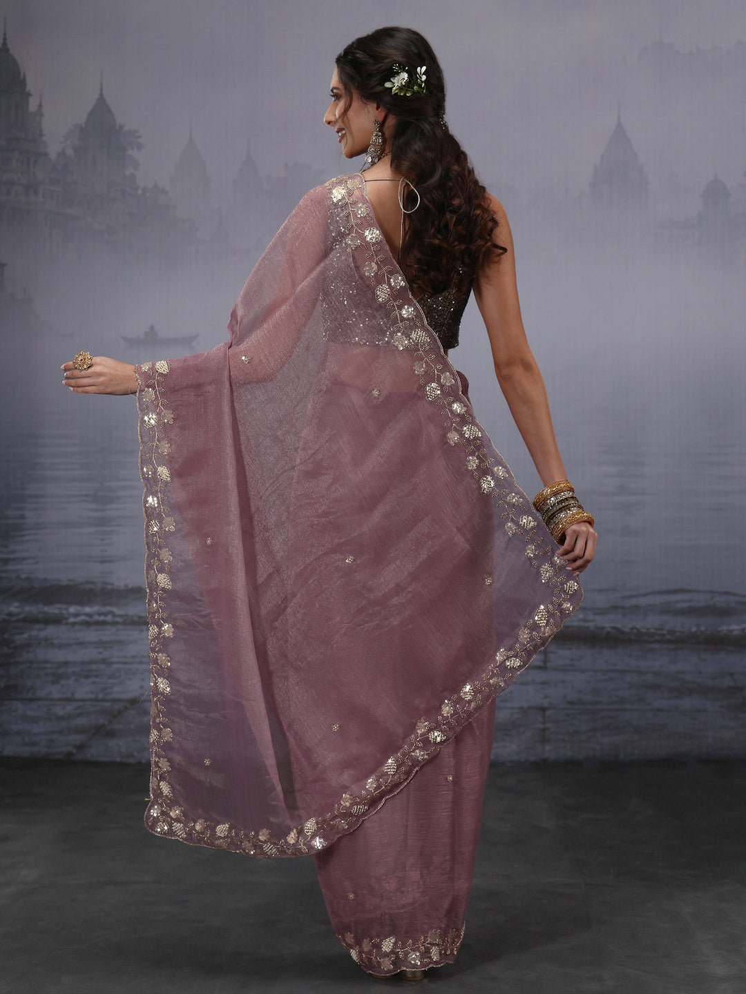  Libas Lavender Tissue Saree with Embellished Border 
