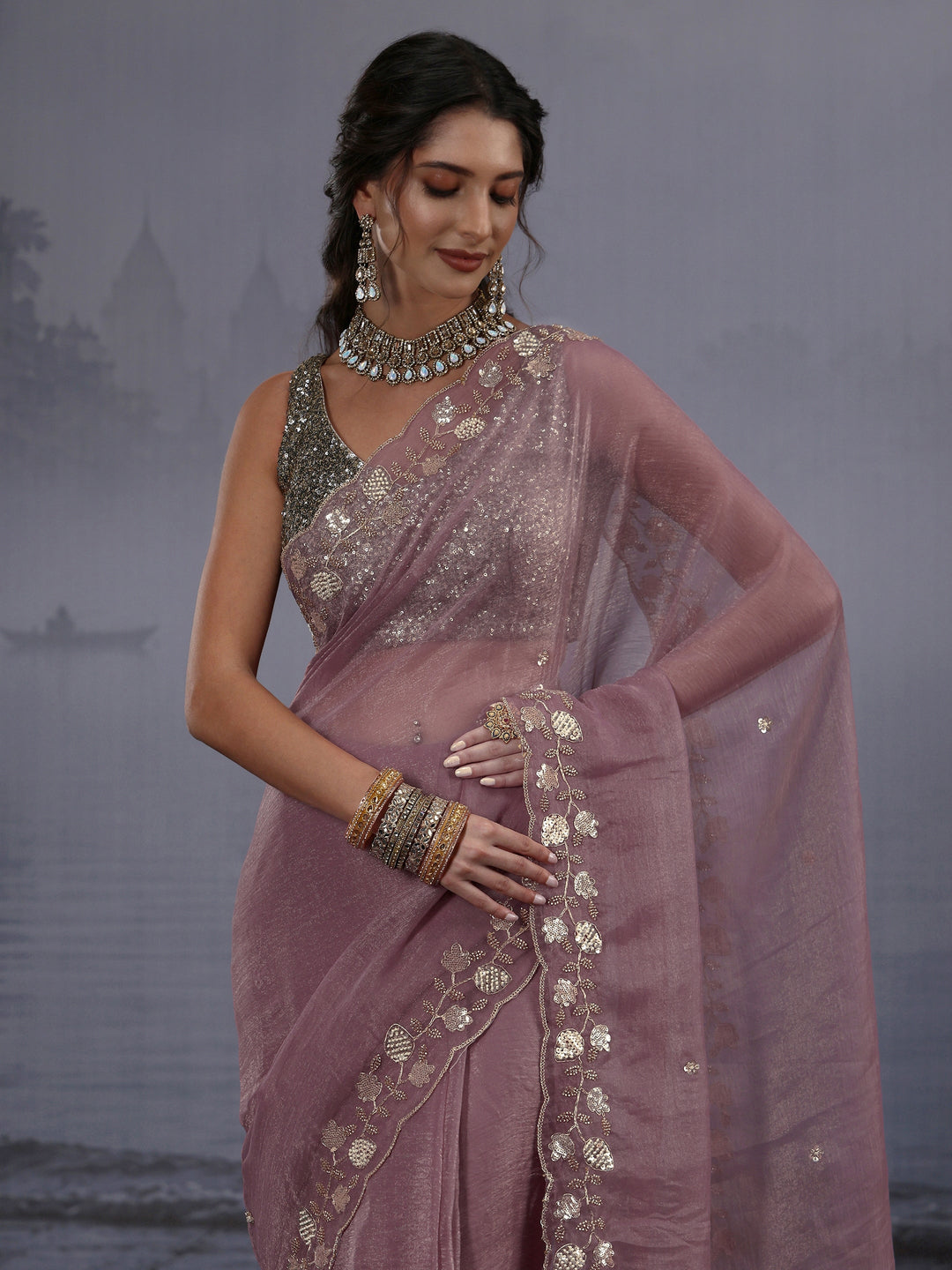  Libas Lavender Tissue Saree with Embellished Border 