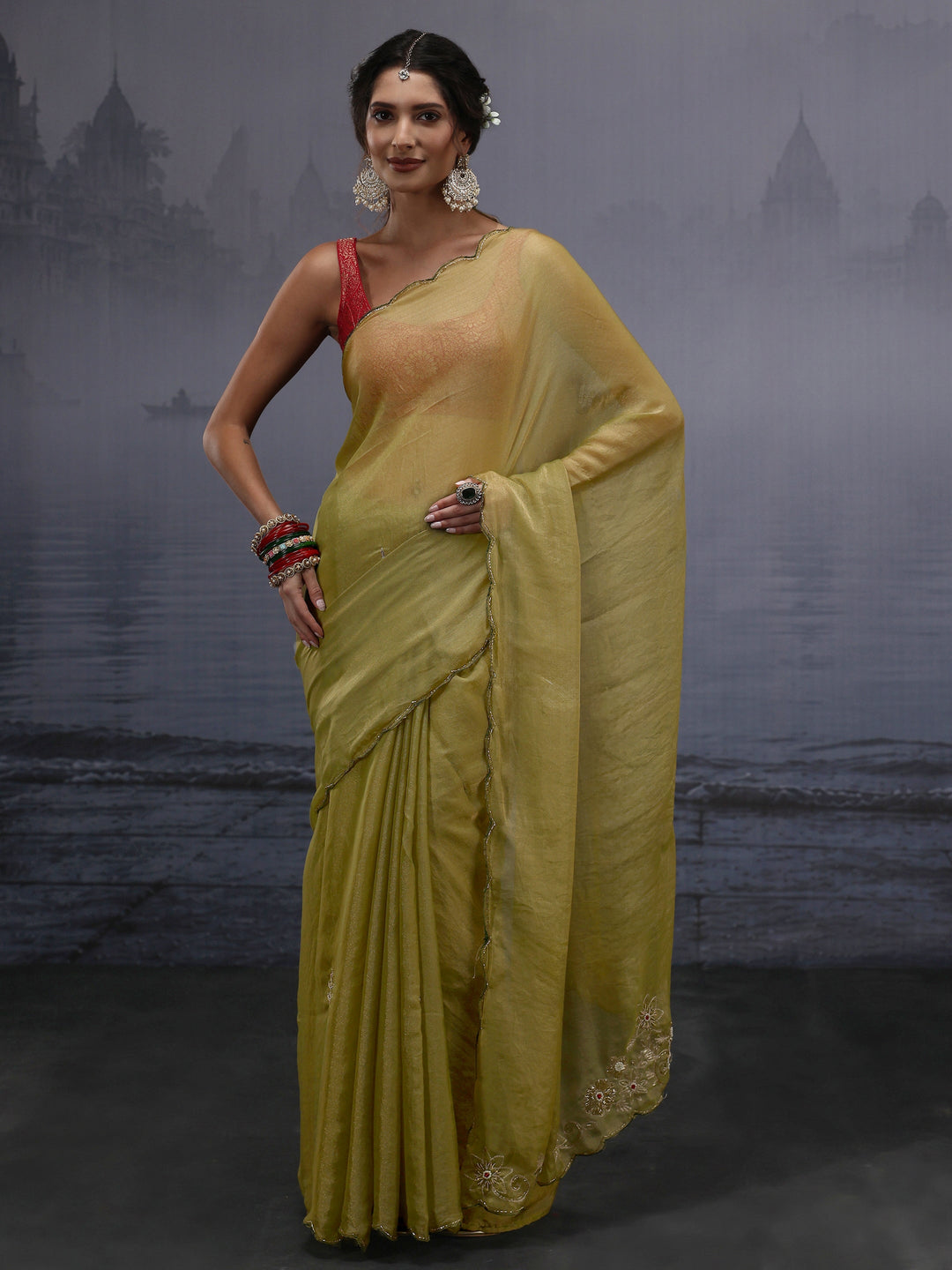  Libas Green Tissue Saree with Embroidered Pallu 