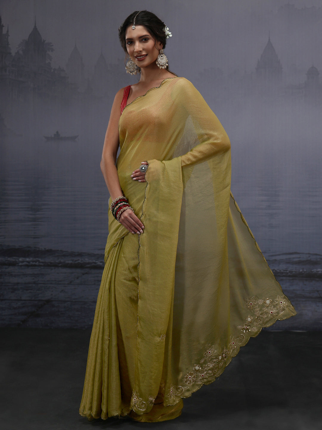  Libas Green Tissue Saree with Embroidered Pallu 