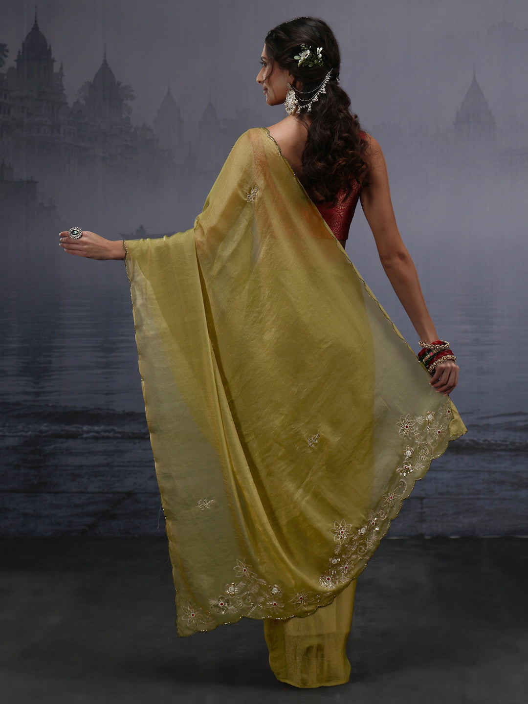  Libas Green Tissue Saree with Embroidered Pallu 