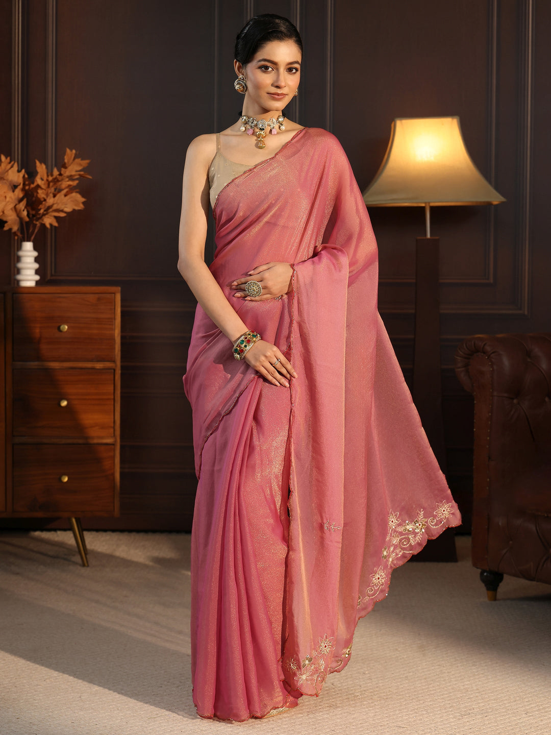  Libas Pink Tissue Saree with Floral Embroidered Border 