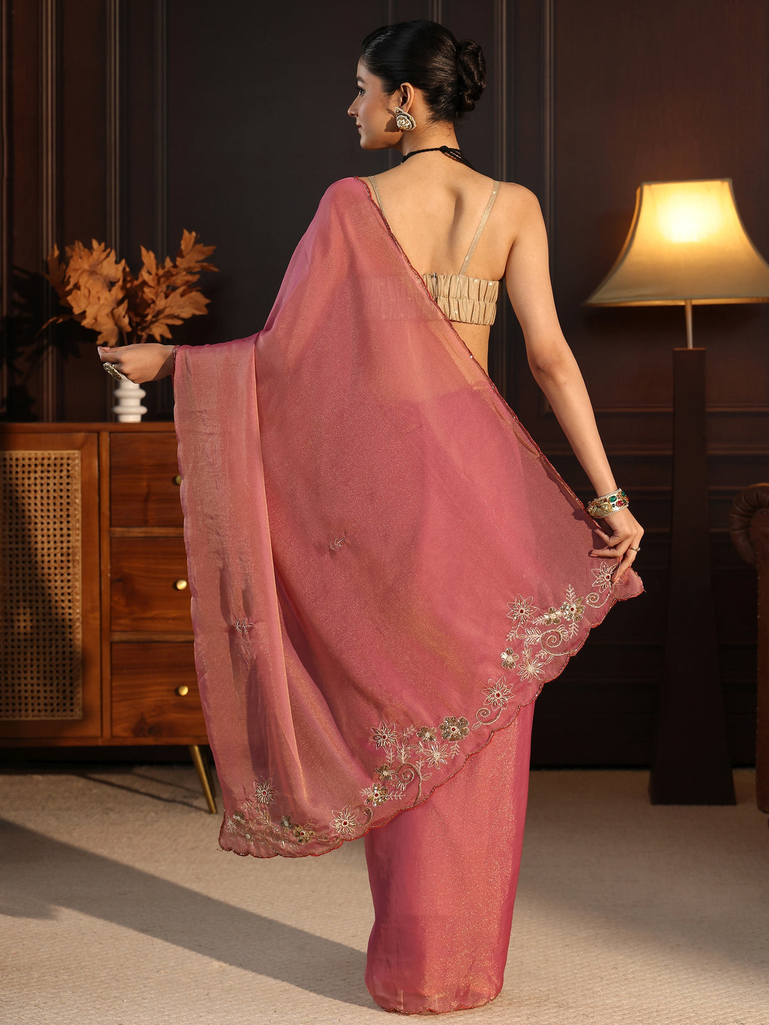  Libas Pink Tissue Saree with Floral Embroidered Border 