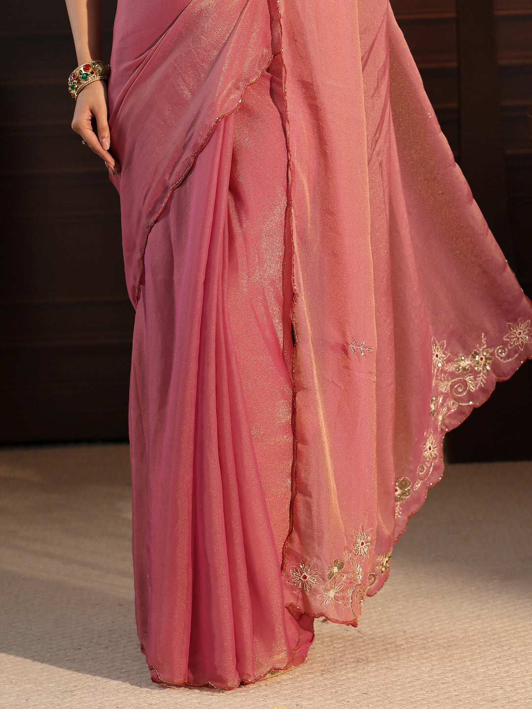  Libas Pink Tissue Saree with Floral Embroidered Border 